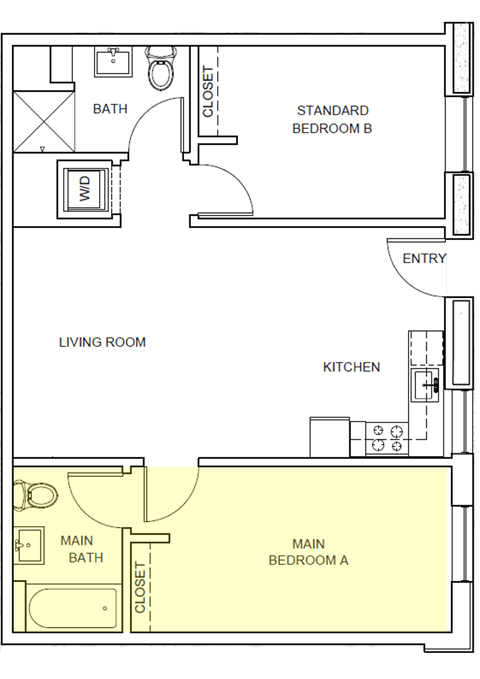A floor plan of a house with two bedrooms, a living room, a kitchen, and a main bath.